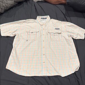 Columbia Super Bahama Men's Blue and Peach Plaid Shirt